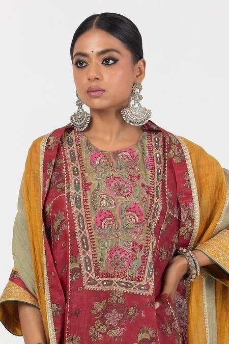 Shop Pants And Pajamas Green Chanderi Embroidery Mul Print Dupatta Online at Aza Fashions Shop_Pants And Pajamas_Green Chanderi Embroidery Mul Print Dupatta _Online_at_Aza_Fashions