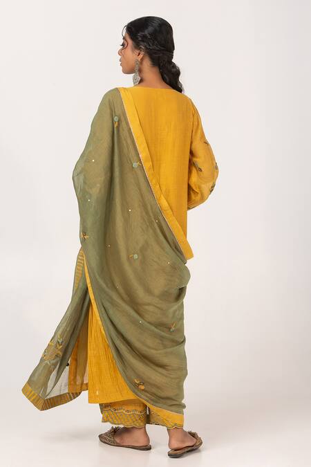 Pants And Pajamas Yellow , Silk Embroidery, Beads V-neck Mul Kurta at Aza Fashions Pants And Pajamas_Yellow , Silk Embroidery, Beads V-neck Mul Kurta _at_Aza_Fashions