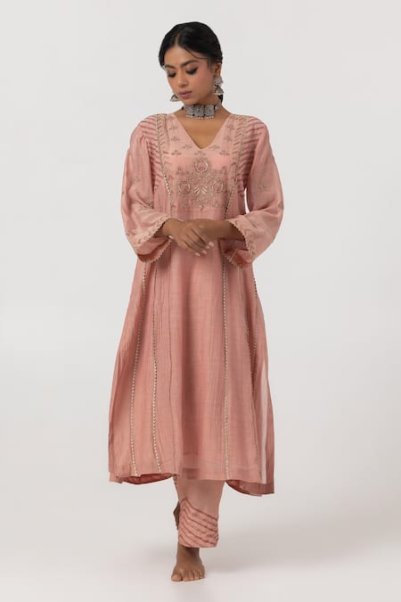 Pants And Pajamas Pink Chanderi Lace, Zari V-neck Embroidered Kurta Online at Aza Fashions Pants And Pajamas_Pink Chanderi Lace, Zari V-neck Embroidered Kurta _Online_at_Aza_Fashions