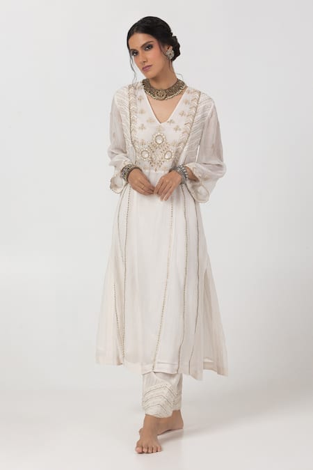 Pants and Pajamas Chanderi Mul lace Embroidered Kurta 