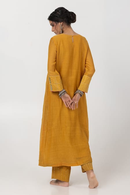 Shop Pants And Pajamas Yellow Chanderi Embroidery, Zari Round Neck Patchwork Kurta at Aza Fashions Shop_Pants And Pajamas_Yellow Chanderi Embroidery, Zari Round Neck Patchwork Kurta _at_Aza_Fashions
