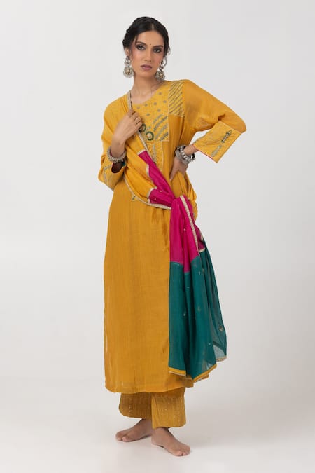 Pants And Pajamas Yellow Chanderi Embroidery, Zari Round Neck Patchwork Kurta Online at Aza Fashions Pants And Pajamas_Yellow Chanderi Embroidery, Zari Round Neck Patchwork Kurta _Online_at_Aza_Fashions
