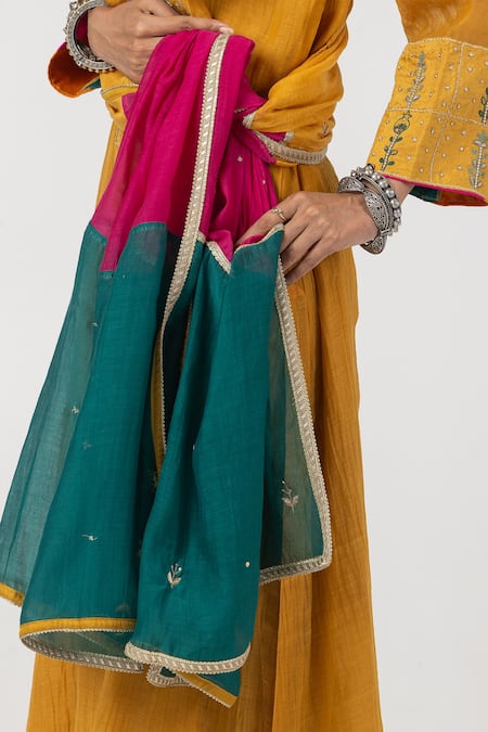Shop Pants And Pajamas Yellow Chanderi Embroidery, Zari Round Neck Patchwork Kurta Online at Aza Fashions Shop_Pants And Pajamas_Yellow Chanderi Embroidery, Zari Round Neck Patchwork Kurta _Online_at_Aza_Fashions