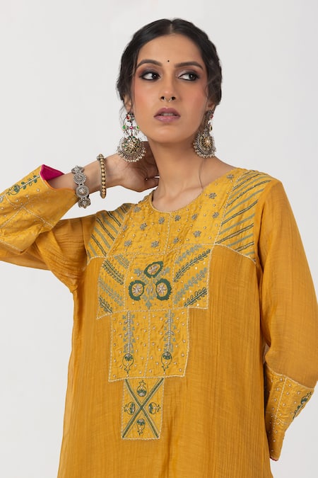 Pants And Pajamas Yellow Chanderi Embroidery, Zari Round Neck Patchwork Kurta at Aza Fashions Pants And Pajamas_Yellow Chanderi Embroidery, Zari Round Neck Patchwork Kurta _at_Aza_Fashions