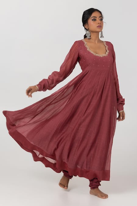 Pants And Pajamas_Maroon , Silk Embroidery Asymmetric Floral Thread Anarkali _Online_at_Aza_Fashions