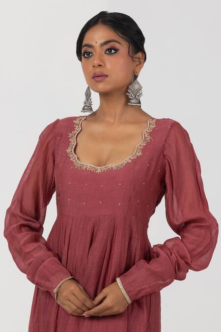 Buy_Pants And Pajamas_Maroon , Silk Embroidery Asymmetric Floral Thread Anarkali _Online_at_Aza_Fashions