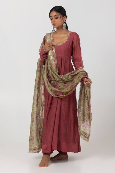 Shop_Pants And Pajamas_Maroon , Silk Embroidery Asymmetric Floral Thread Anarkali _Online_at_Aza_Fashions