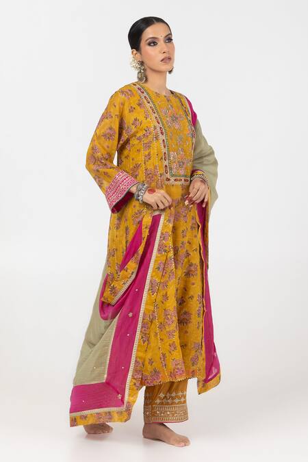 Pants And Pajamas Yellow Chanderi Embroidery, Sequins Round Neck Floral Block Print Kurta Online at Aza Fashions Pants And Pajamas_Yellow Chanderi Embroidery, Sequins Round Neck Floral Block Print Kurta _Online_at_Aza_Fashions