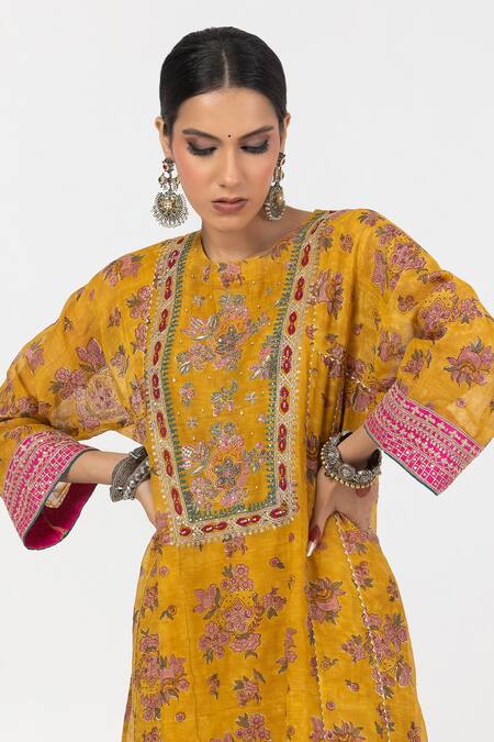 Shop Pants And Pajamas Yellow Chanderi Embroidery, Sequins Round Neck Floral Block Print Kurta Online at Aza Fashions Shop_Pants And Pajamas_Yellow Chanderi Embroidery, Sequins Round Neck Floral Block Print Kurta _Online_at_Aza_Fashions