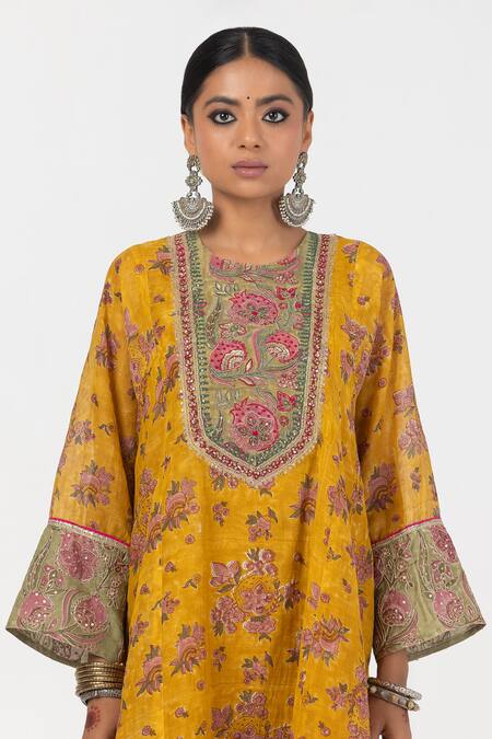 Pants And Pajamas_Yellow Chanderi Sequins, Embroidery Round Neck Floral Short Kurta _Online_at_Aza_Fashions