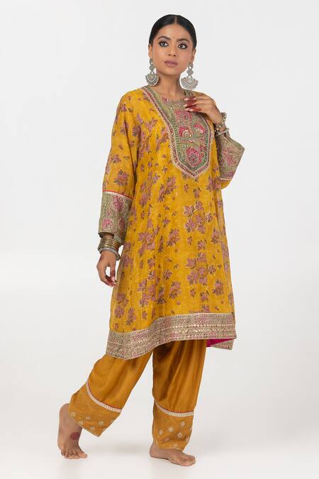 Shop_Pants And Pajamas_Yellow Chanderi Sequins, Embroidery Round Neck Floral Short Kurta _Online_at_Aza_Fashions