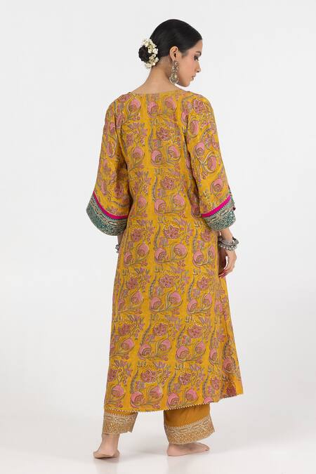 Shop_Pants And Pajamas_Yellow Modal, Silk Sequins, Embroidery V-neck Floral Yoke Kurta _at_Aza_Fashions