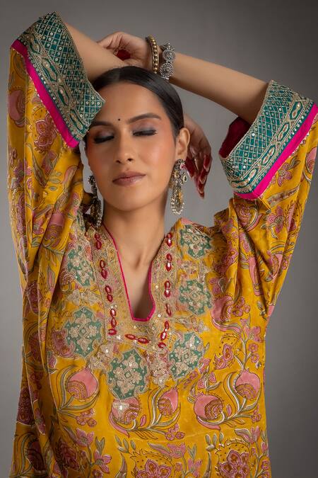 Pants And Pajamas_Yellow Modal, Silk Sequins, Embroidery V-neck Floral Yoke Kurta _Online_at_Aza_Fashions