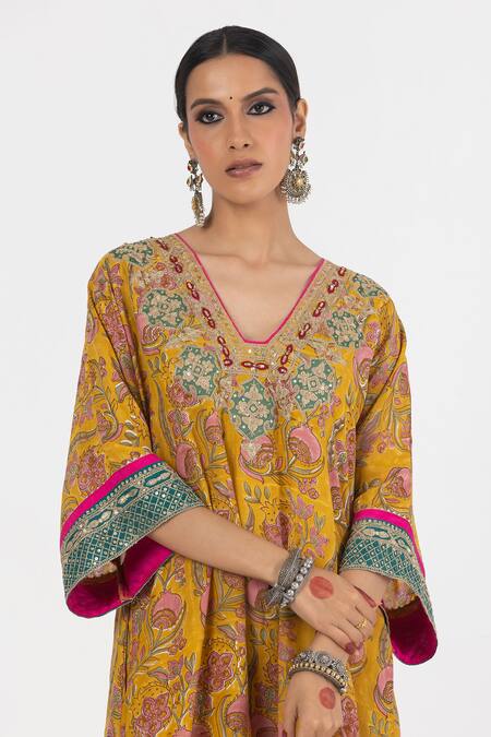Buy_Pants And Pajamas_Yellow Modal, Silk Sequins, Embroidery V-neck Floral Yoke Kurta _Online_at_Aza_Fashions