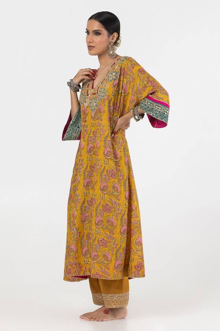 Shop_Pants And Pajamas_Yellow Modal, Silk Sequins, Embroidery V-neck Floral Yoke Kurta _Online_at_Aza_Fashions