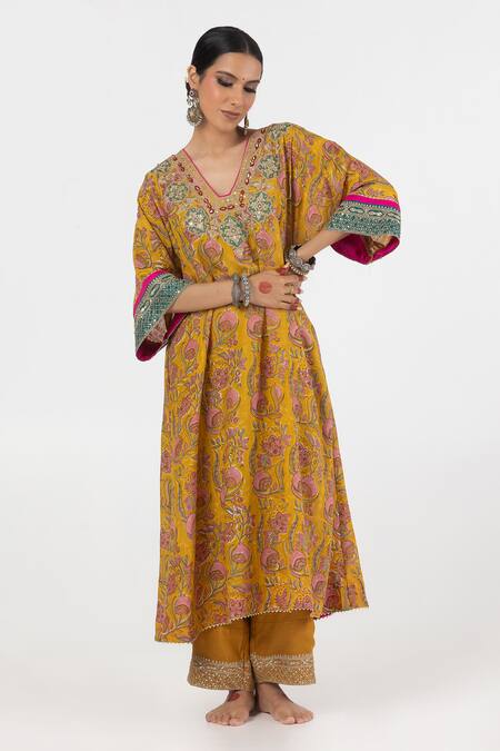 Pants And Pajamas_Yellow Modal, Silk Sequins, Embroidery V-neck Floral Yoke Kurta _at_Aza_Fashions