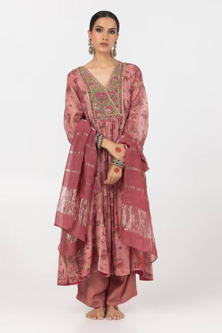 Pants And Pajamas Pink Chanderi Embroidery, Sequins V-neck Block Print Panelled Kurta Online at Aza Fashions Pants And Pajamas_Pink Chanderi Embroidery, Sequins V-neck Block Print Panelled Kurta _Online_at_Aza_Fashions