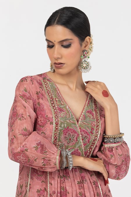 Shop Pants And Pajamas Pink Chanderi Embroidery, Sequins V-neck Block Print Panelled Kurta Online at Aza Fashions Shop_Pants And Pajamas_Pink Chanderi Embroidery, Sequins V-neck Block Print Panelled Kurta _Online_at_Aza_Fashions