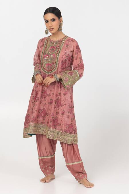 Pants And Pajamas Pink Chanderi Embroidery, Sequins Round Neck Block Print Short Kurta Online at Aza Fashions Pants And Pajamas_Pink Chanderi Embroidery, Sequins Round Neck Block Print Short Kurta _Online_at_Aza_Fashions