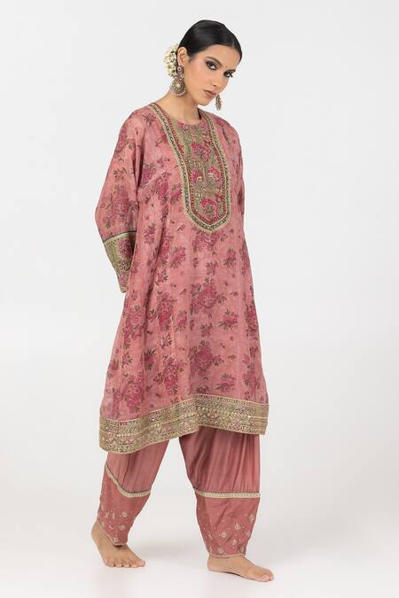 Buy Pants And Pajamas Pink Chanderi Embroidery, Sequins Round Neck Block Print Short Kurta Online at Aza Fashions Buy_Pants And Pajamas_Pink Chanderi Embroidery, Sequins Round Neck Block Print Short Kurta _Online_at_Aza_Fashions