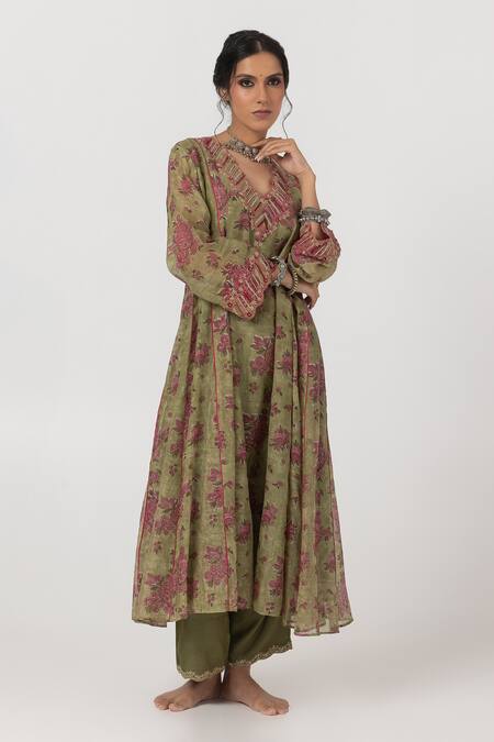 Pants And Pajamas Green Chanderi Sequins, Embroidery Asymmetric Floral Print A-line Kurta Online at Aza Fashions Pants And Pajamas_Green Chanderi Sequins, Embroidery Asymmetric Floral Print A-line Kurta _Online_at_Aza_Fashions
