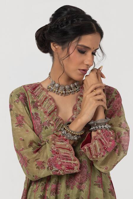 Buy Pants And Pajamas Green Chanderi Sequins, Embroidery Asymmetric Floral Print A-line Kurta Online at Aza Fashions Buy_Pants And Pajamas_Green Chanderi Sequins, Embroidery Asymmetric Floral Print A-line Kurta _Online_at_Aza_Fashions