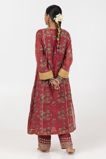 Shop Pants And Pajamas Maroon Chanderi Embroidery, Sequins Round Neck Floral Panelled Kurta at Aza Fashions Shop_Pants And Pajamas_Maroon Chanderi Embroidery, Sequins Round Neck Floral Panelled Kurta _at_Aza_Fashions