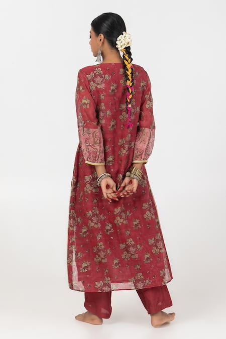 Shop Pants And Pajamas Maroon Chanderi Embroidery, Sequins Split Floral Block Print Gathered Kurta at Aza Fashions Shop_Pants And Pajamas_Maroon Chanderi Embroidery, Sequins Split Floral Block Print Gathered Kurta _at_Aza_Fashions