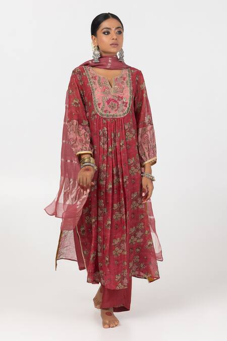 Pants And Pajamas Maroon Chanderi Embroidery, Sequins Split Floral Block Print Gathered Kurta Online at Aza Fashions Pants And Pajamas_Maroon Chanderi Embroidery, Sequins Split Floral Block Print Gathered Kurta _Online_at_Aza_Fashions