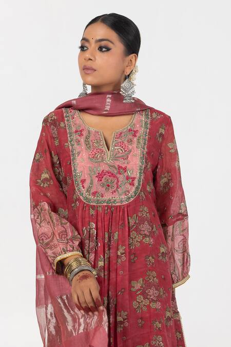 Buy Pants And Pajamas Maroon Chanderi Embroidery, Sequins Split Floral Block Print Gathered Kurta Online at Aza Fashions Buy_Pants And Pajamas_Maroon Chanderi Embroidery, Sequins Split Floral Block Print Gathered Kurta _Online_at_Aza_Fashions