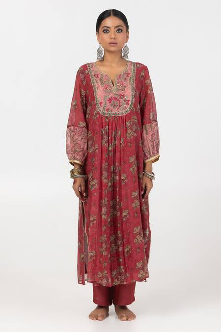 Pants And Pajamas Maroon Chanderi Embroidery, Sequins Split Floral Block Print Gathered Kurta at Aza Fashions Pants And Pajamas_Maroon Chanderi Embroidery, Sequins Split Floral Block Print Gathered Kurta _at_Aza_Fashions