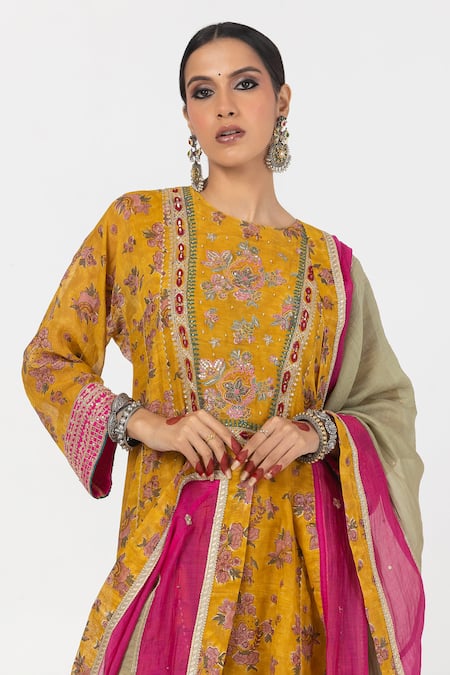 Shop_Pants And Pajamas_Yellow Cotton, Silk, Silk, Block Print Kurta Pant Set _Online_at_Aza_Fashions