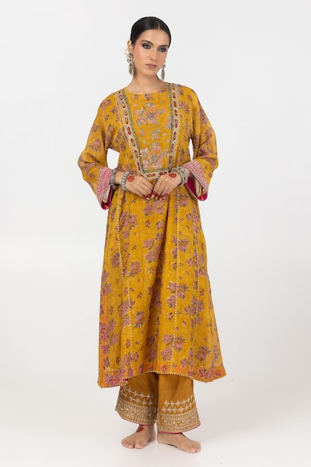 Buy_Pants And Pajamas_Yellow Cotton, Silk, Silk, Block Print Kurta Pant Set 