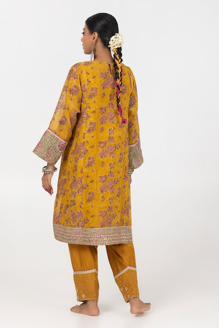 Shop_Pants And Pajamas_Yellow Modal, Silk, Chanderi Sequins, Embroidery Block Print Kurta Salwar Set _at_Aza_Fashions
