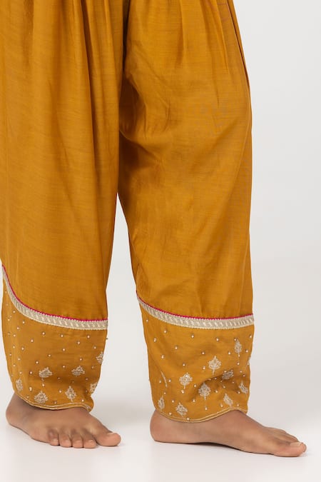 Pants And Pajamas_Yellow Modal, Silk, Chanderi Sequins, Embroidery Block Print Kurta Salwar Set _Online_at_Aza_Fashions