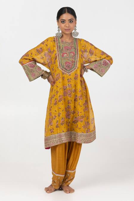 Buy_Pants And Pajamas_Yellow Modal, Silk, Chanderi Sequins, Embroidery Block Print Kurta Salwar Set _Online_at_Aza_Fashions