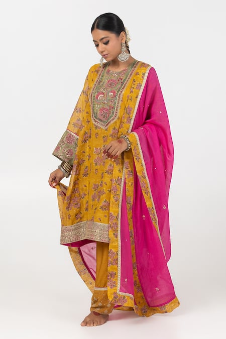Shop_Pants And Pajamas_Yellow Modal, Silk, Chanderi Sequins, Embroidery Block Print Kurta Salwar Set _Online_at_Aza_Fashions