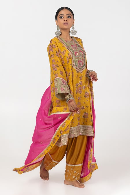 Pants And Pajamas_Yellow Modal, Silk, Chanderi Sequins, Embroidery Block Print Kurta Salwar Set _at_Aza_Fashions