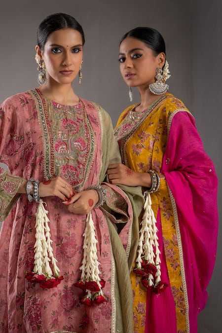 Shop_Pants And Pajamas_Yellow Modal, Silk, Chanderi Sequins, Embroidery Block Print Kurta Salwar Set 