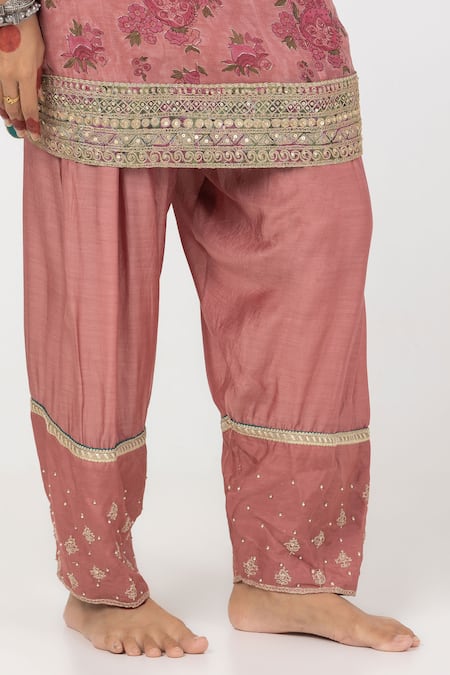 Pants And Pajamas_Pink Modal, Silk, Chanderi Embroidery, Floral Block Print Kurta Pant Set _Online_at_Aza_Fashions