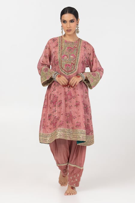 Buy_Pants And Pajamas_Pink Modal, Silk, Chanderi Embroidery, Floral Block Print Kurta Pant Set _Online_at_Aza_Fashions