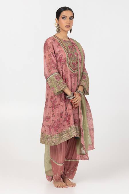 Shop_Pants And Pajamas_Pink Modal, Silk, Chanderi Embroidery, Floral Block Print Kurta Pant Set _Online_at_Aza_Fashions