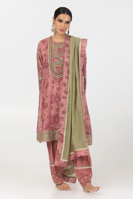 Pants And Pajamas_Pink Modal, Silk, Chanderi Embroidery, Floral Block Print Kurta Pant Set _at_Aza_Fashions