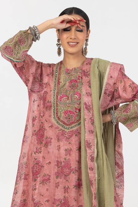 Buy_Pants And Pajamas_Pink Modal, Silk, Chanderi Embroidery, Floral Block Print Kurta Pant Set 