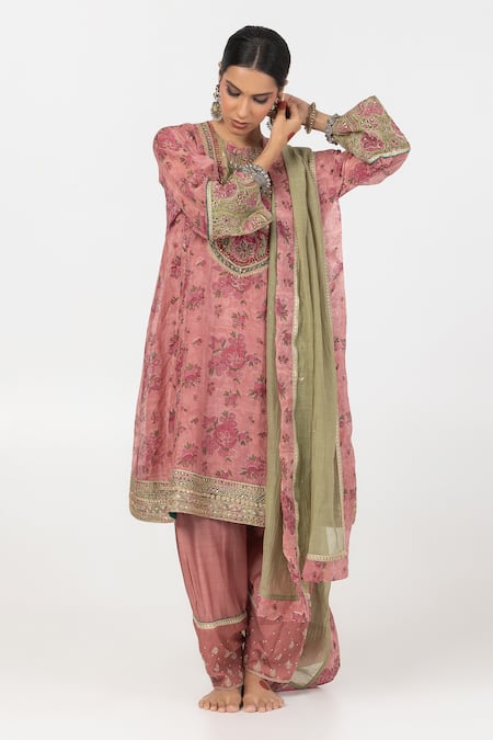 Shop_Pants And Pajamas_Pink Modal, Silk, Chanderi Embroidery, Floral Block Print Kurta Pant Set 