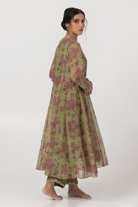 Shop_Pants And Pajamas_Green Cotton, Silk, Chanderi Sequins, Embroidery Floral Block Print Kurta Set _at_Aza_Fashions