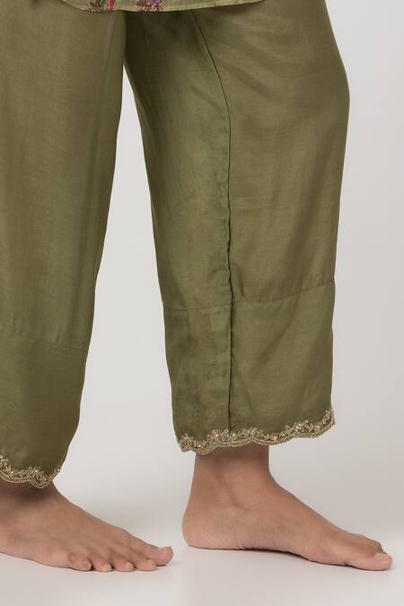 Pants And Pajamas_Green Cotton, Silk, Chanderi Sequins, Embroidery Floral Block Print Kurta Set _Online_at_Aza_Fashions