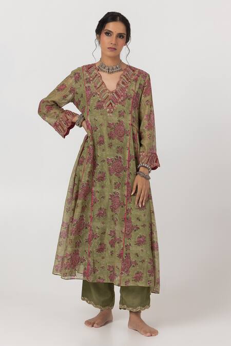 Buy_Pants And Pajamas_Green Cotton, Silk, Chanderi Sequins, Embroidery Floral Block Print Kurta Set _Online_at_Aza_Fashions