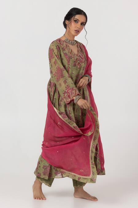 Pants And Pajamas_Green Cotton, Silk, Chanderi Sequins, Embroidery Floral Block Print Kurta Set _at_Aza_Fashions