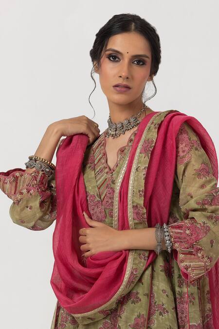 Buy_Pants And Pajamas_Green Cotton, Silk, Chanderi Sequins, Embroidery Floral Block Print Kurta Set 